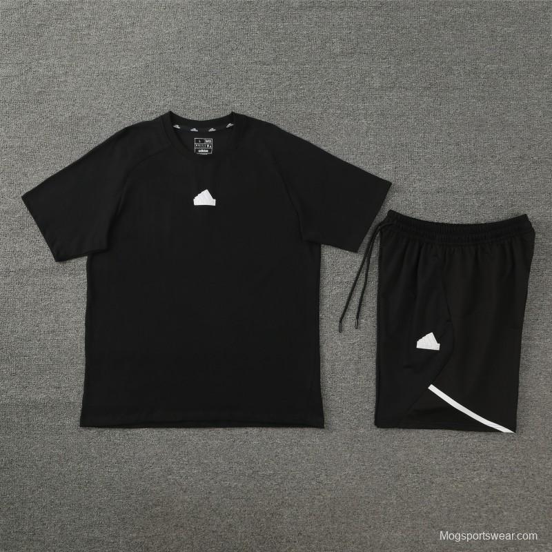 23/24 Adidas Black Cotton Short Sleeve Jersey+Shorts