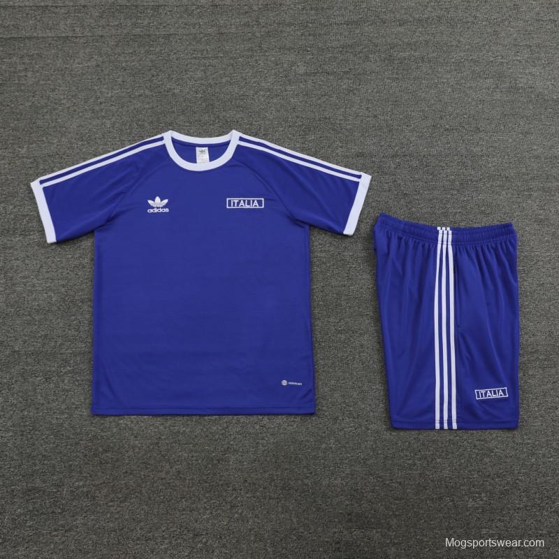 2024 Italy Blue Cotton Short Sleeve Jersey+Shorts